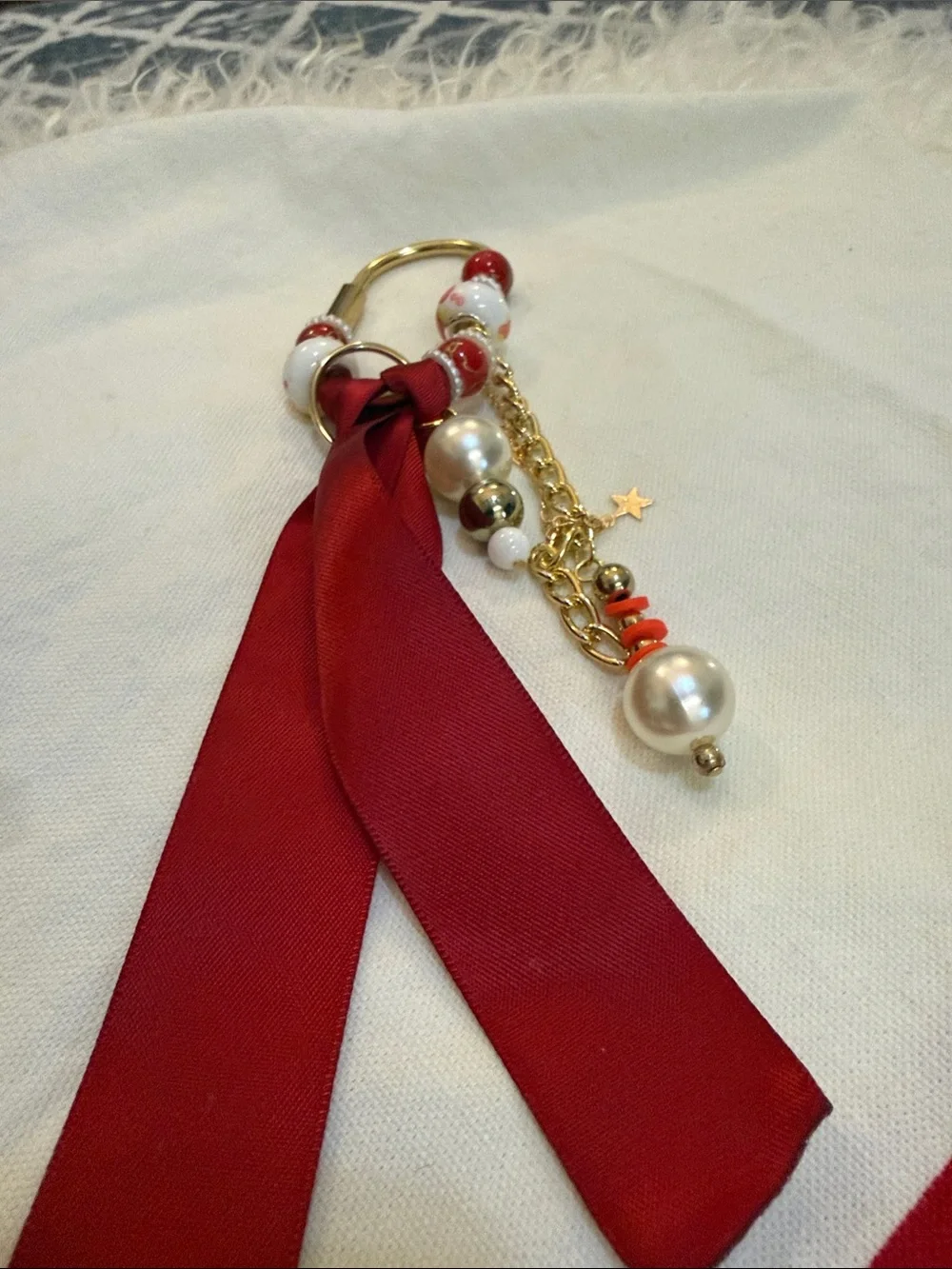 Gold and Red Ribbon Keychain Charm with Beads